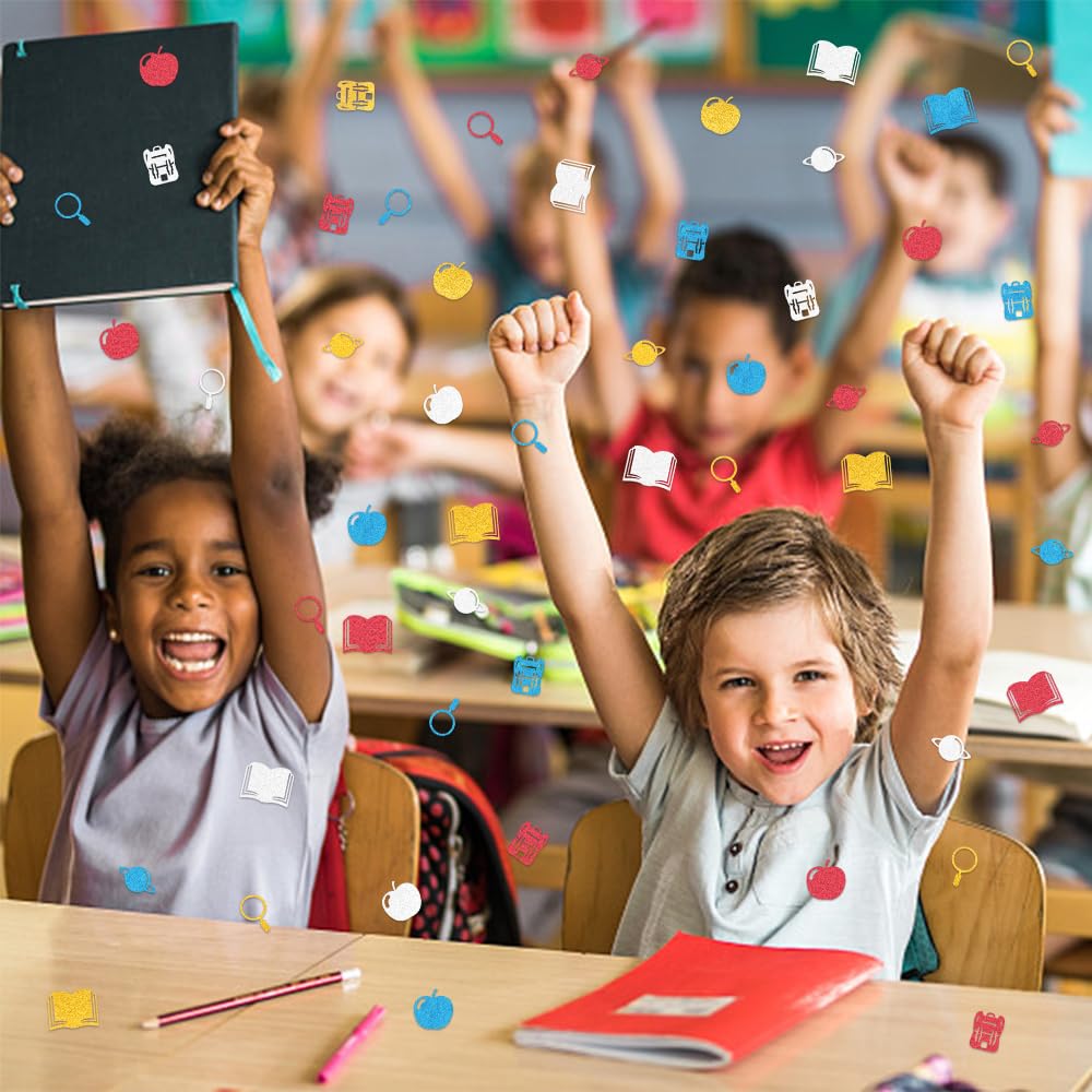 200 Stück Back to School Konfetti Blau Rot Gold Silber Bücher Apfel Rucksack Konfetti Schule Thema Dekor Papier Konfetti für Schulanfang Lehrer Wertschätzung Geschenke Tisch Favor Dekorationen