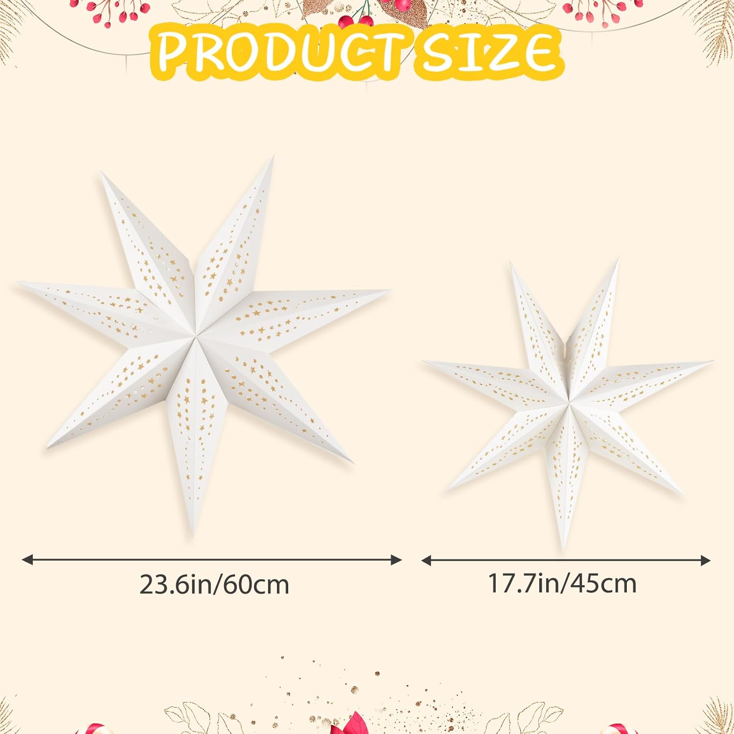 Large Paper Star Lanterns with Lights, 3D 7 Pointed Christmas Paper Lanterns, 2Pcs Foldable Decorative Christmas Hanging Decorations for Xmas Wedding New Year Party Home Decor Indoor, 24/18 Inch