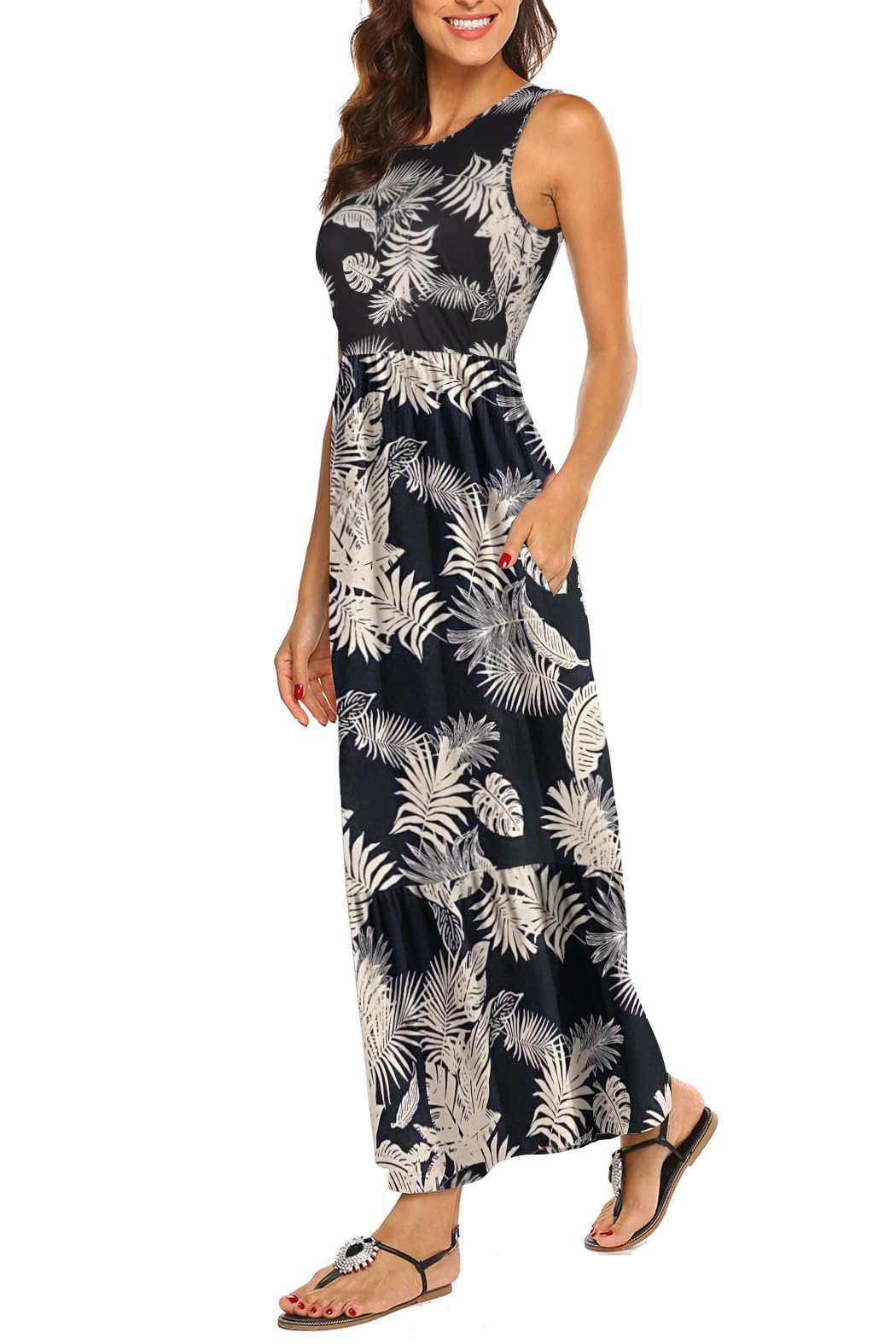 BDTECAOR Maxikleid Damen Sommer Boho Ärmellos Strandkleider Lässige Lange Tank Kleid mit Taschen