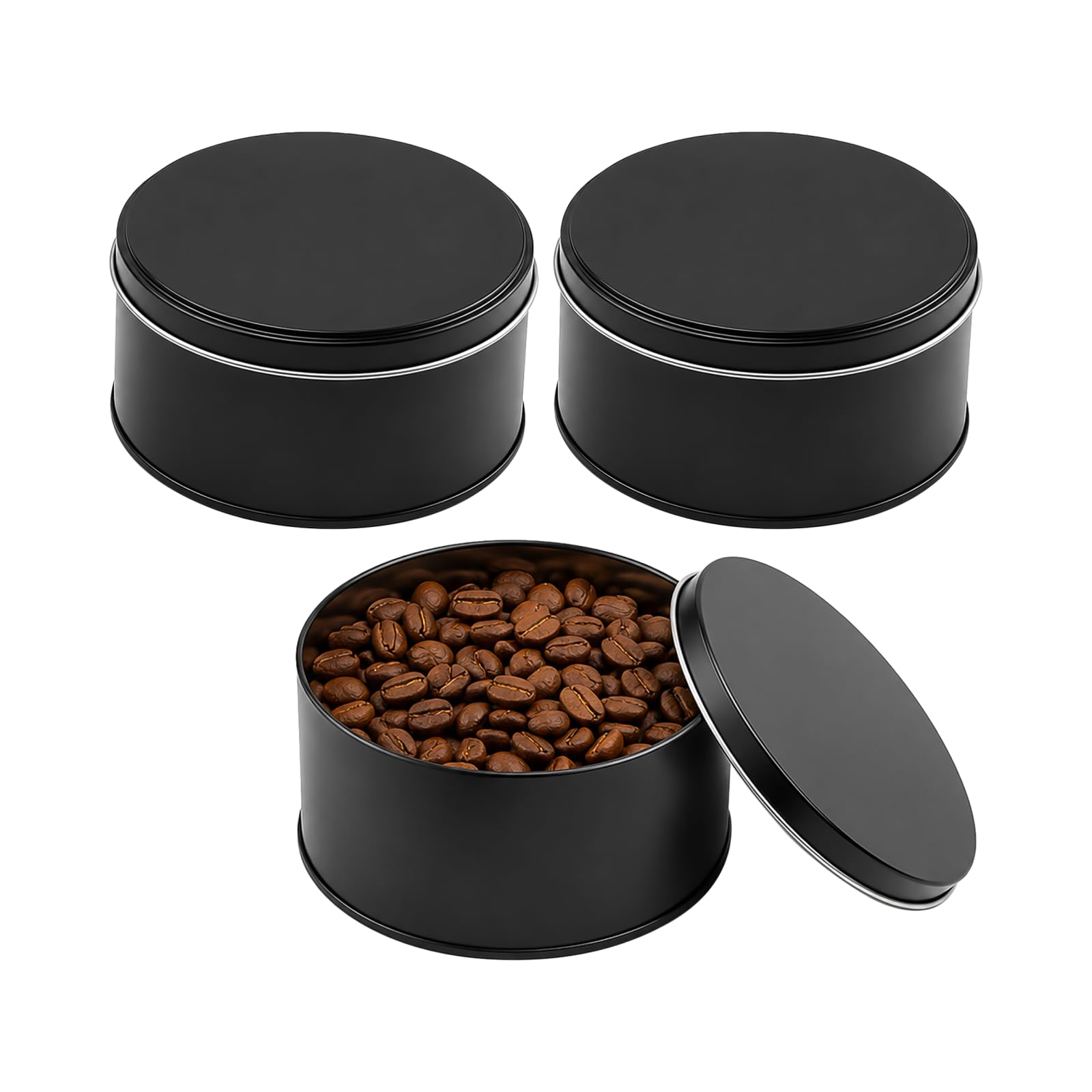 Lot de 3 boîtes à grains de café avec couvercles, boîtes rondes à offrir, boîtes en fer noir mat, design classique, rangement pratique et compact pour divers articles, 4,7 x 2,4 pouces