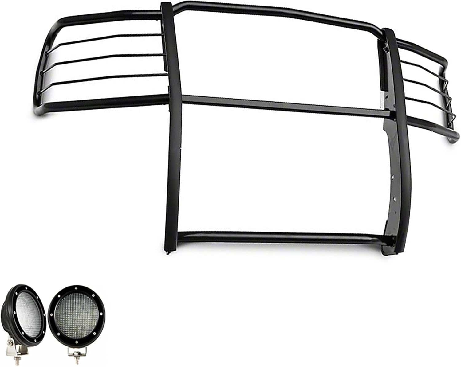 Black Horse Grille brush Bumper Guard Modular Black Come with Pair of 5.3" Dia.LED Lights with Black Trim Rings Compatible with 2014-2018 Chevrolet Silverado 1500-17GT27MA-PLFB
