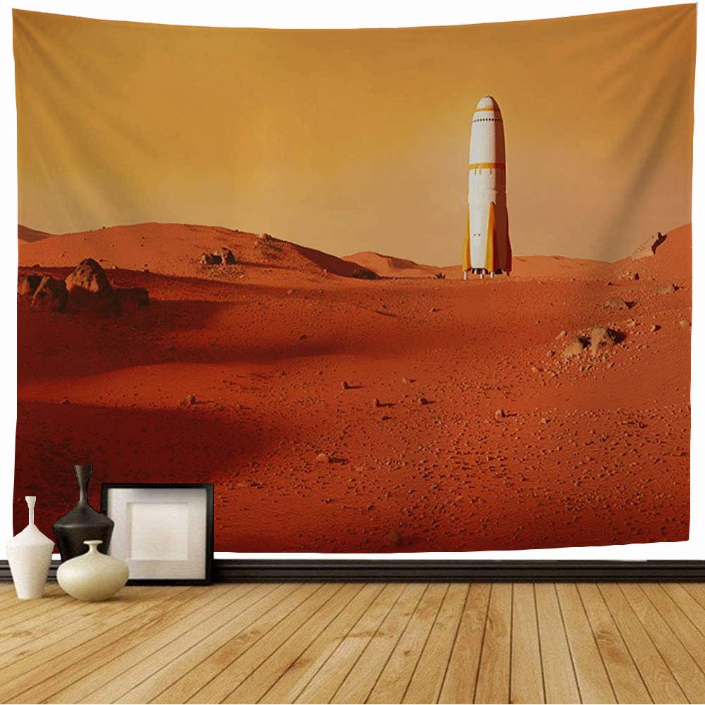StaroindTapestry Landscape On 3D Planet Mars Futuristic Rocket Landing Cosmology Science Alien Space Surface Colony Wall Tapestry Bedspread Picnic Sheet Wall Decor 80x60 Inch