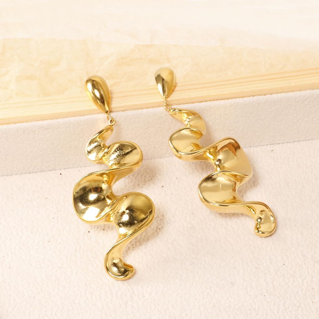 Chunky Gold Twisted Earrings for Women, 14K Gold Long Geometric Abstract Drop Dangle Earrings Charm Irregular Statement Jewelry Accessories Gifts - Image 4