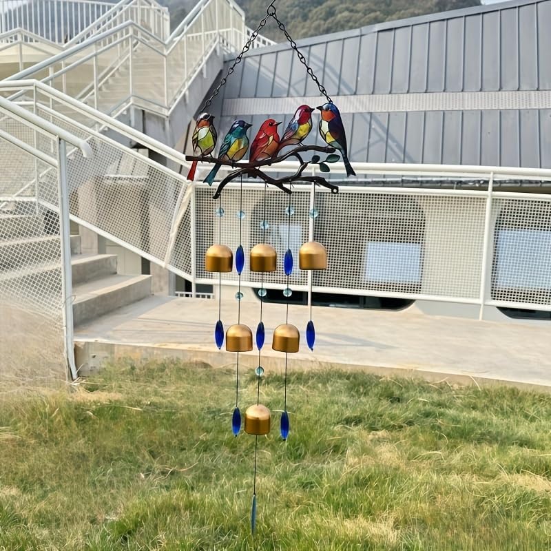 1 Set Creative Metal Wind Chimes with Birds Decorative Hanging Ornaments for Windows Balconies and Gardens No Battery Required Golden Bell