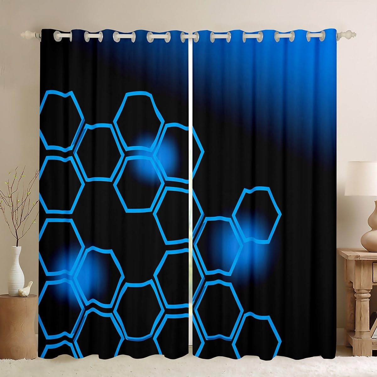 Blue and Black Darkening Drapes (2 Panels, 38 x 54 Inch) Honeycomb Curtains for Bedroom Living Room for Kids Decor Geometrical 30%-50% Blackout Curtains Beehive Pattern Blue Window Treatments