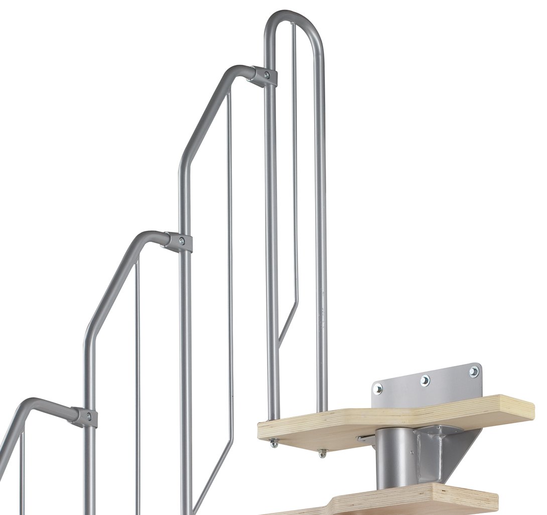 DOLLE Treppe innen mit Geländer, 222–276 cm, 58 cm breit, Buche-Deckfurnier | Raumspartreppe mit versetzten Multiplexstufen, Unterkonstruktion silbergrau, gerade bis ¼-gewendelt, max. 160 cm Ausladung