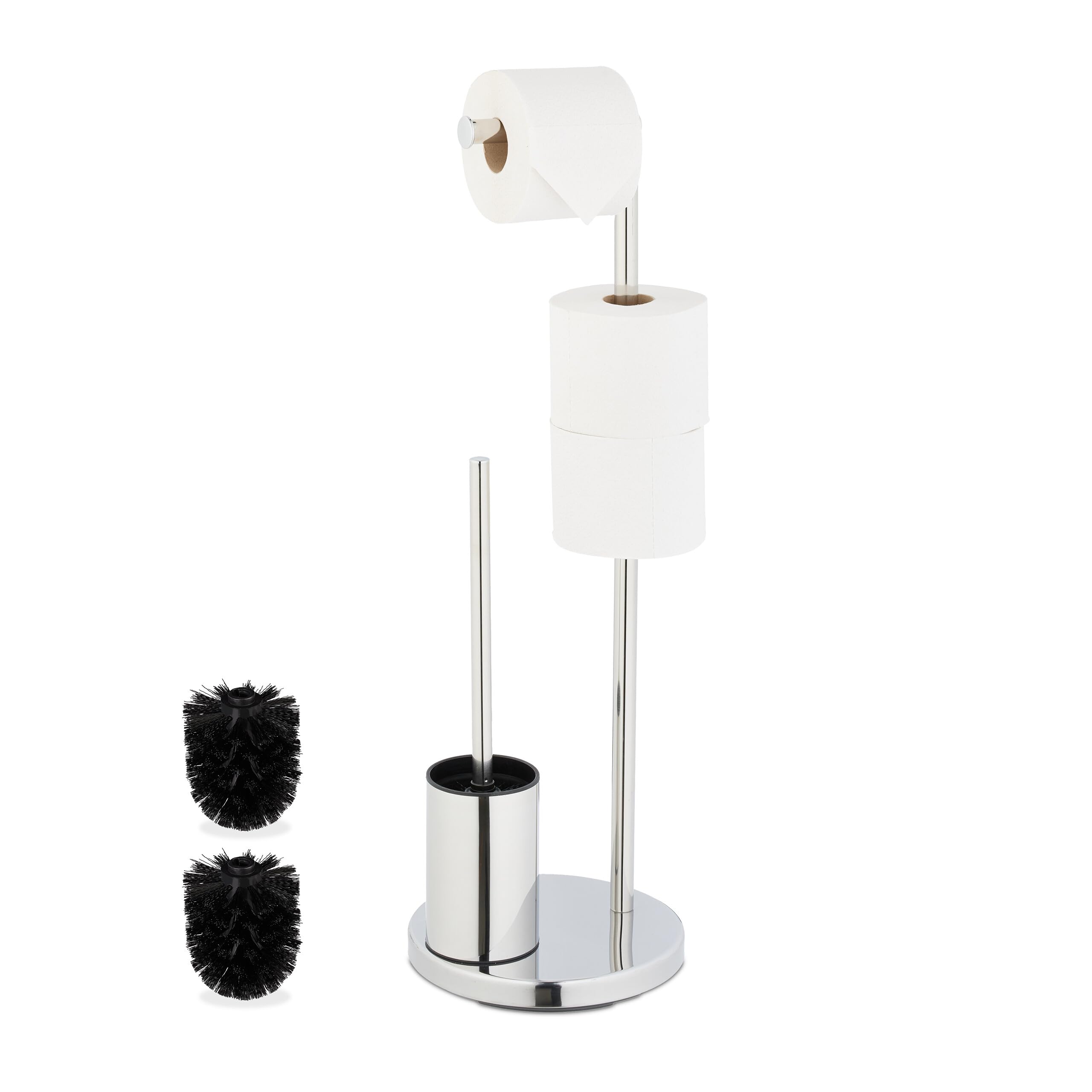 Relaxdays Toilet Roll Holder and Brush Set, Stainless Steel, HxD 68 x 22 cm, Freestanding Bathroom Paper Stand, Silver
