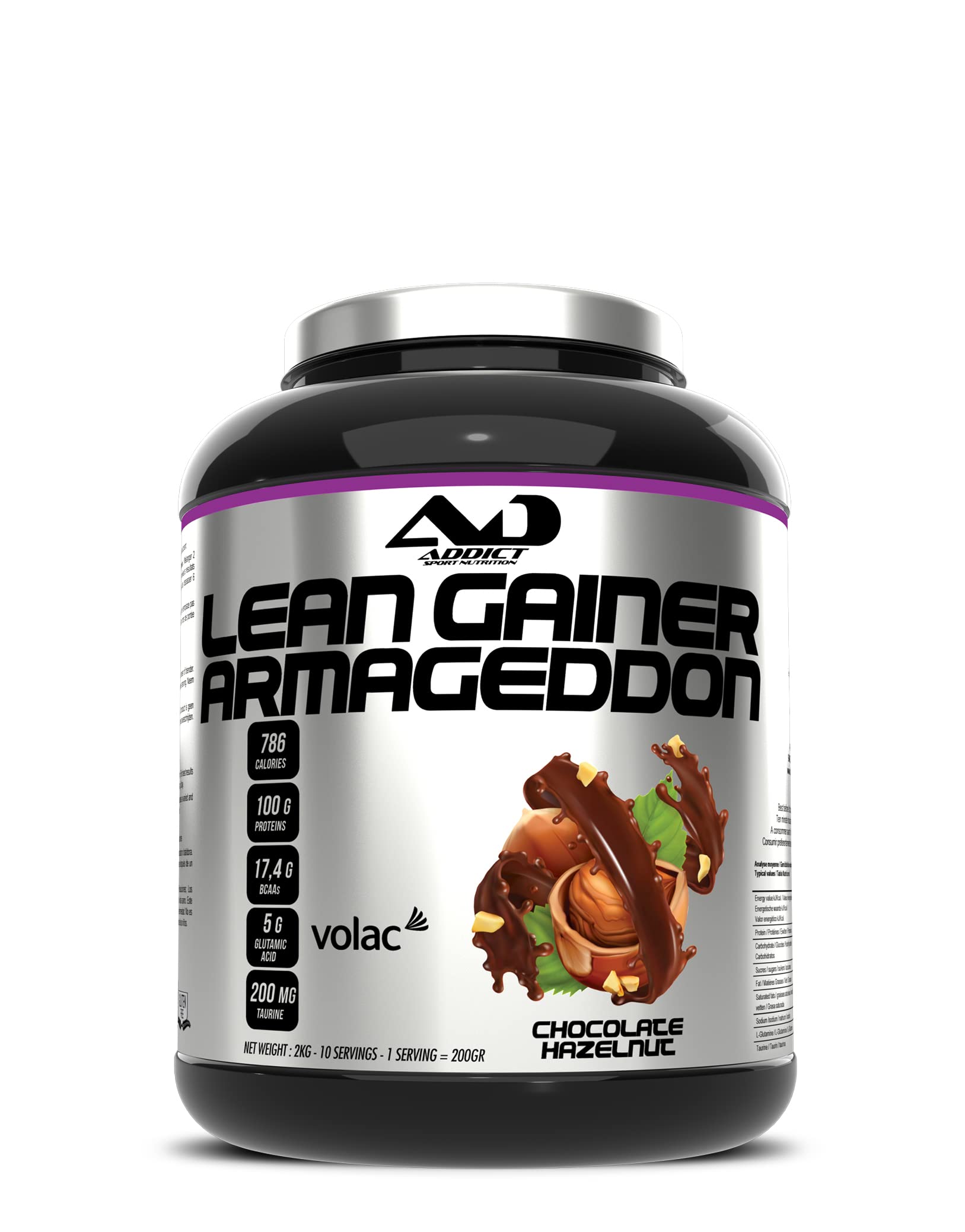 Addict sport nutrition - Armageddon - Protéine de musculation - 100g de protéines par portion - Gainer avec whey rapide, BCAA, L-Glutamine et Maltodextrine - Prise de masse - 2 Kg -Chocolat - noisette