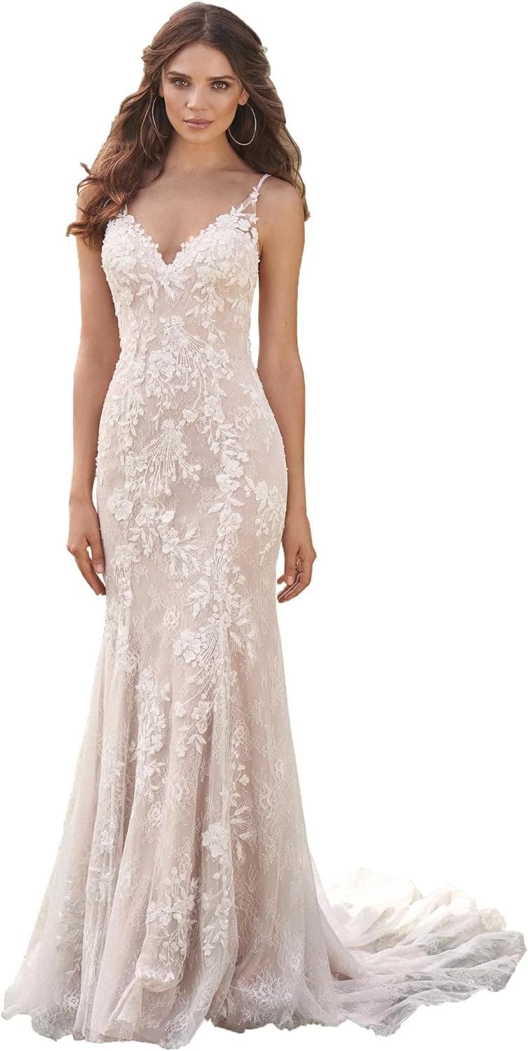 Mermaid Wedding Dresses for Bride Lace Beach Tulle Applique V-Neck Boho Bridal Dress for Bride with Train