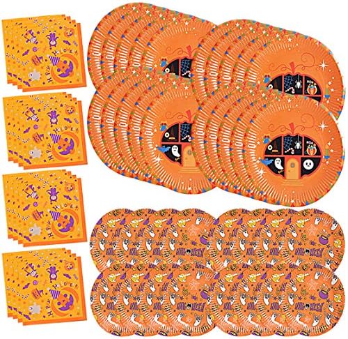 200PCS Halloween Party Supplies Paper Plates and Napkins Bulk 9 inch 7 inch Dessert Round Disposable Plates Orange Eco Friendly Party Tableware Set