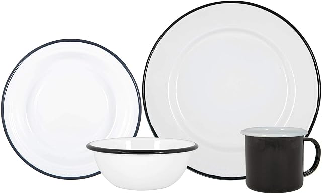 Argon Tableware 16 Piece White Enamel Dinner Set - Metal Outdoor Camping Plates Bowls Mugs for 4 - Black