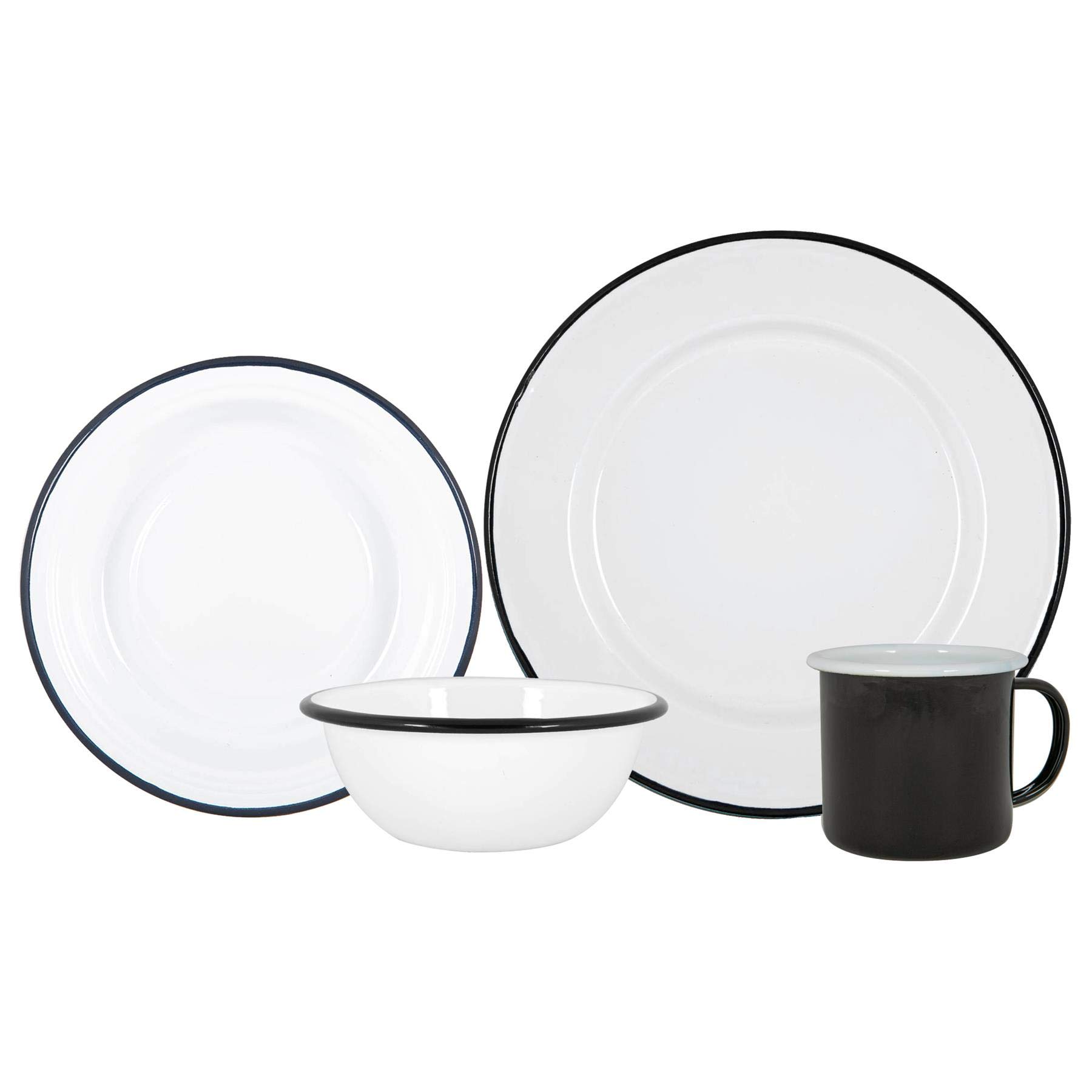 Argon Tableware Weißes Emaille -Abendessen - 25,5cm - 16pc - Weiß/Schwarz