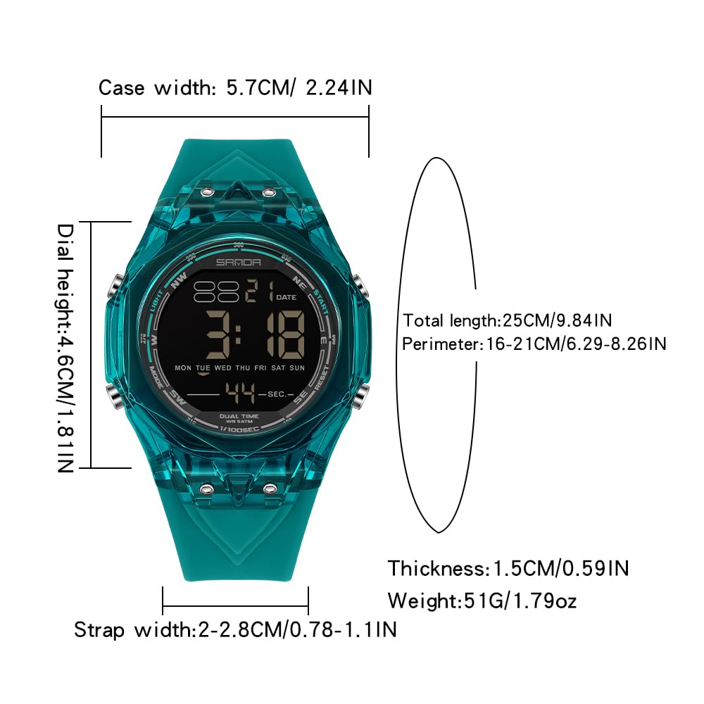 Orologio da polso da uomo, trasparente, militare, sportivo, digitale, impermeabile fino a 50 m, retroilluminazione a LED, cinturino in TPU, calendario con data, orologio da polso casual