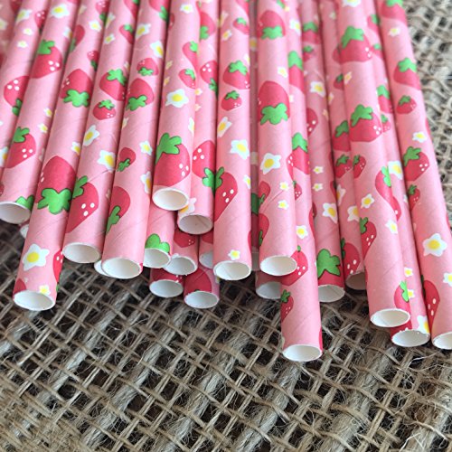Strawberry Pattern Paper Straws - Pink Red Green - 7.75 Inches - 100 Pack #TOP1
