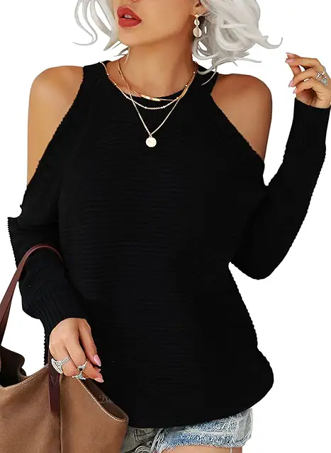 Suéter de cuello bardot manga larga para mujer, hombros descubiertos, negro, talla large