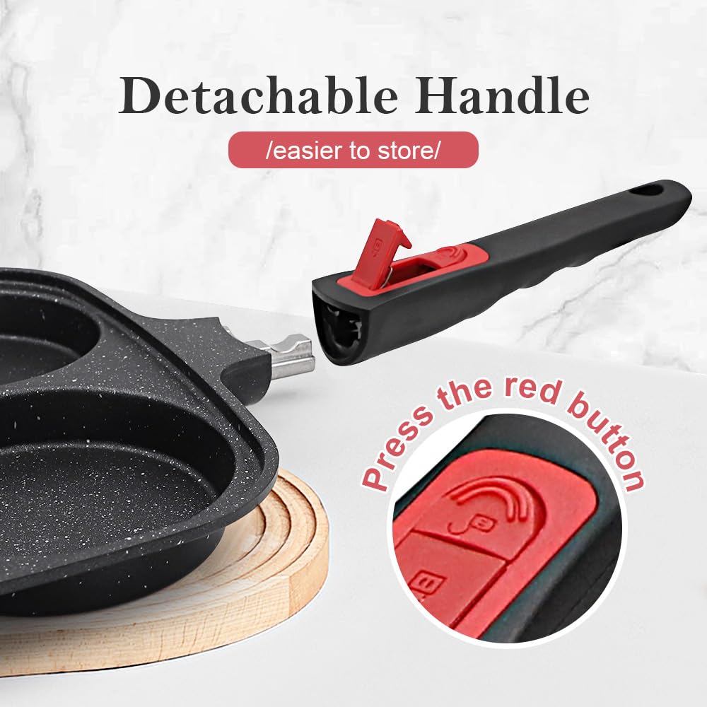 RANX INGST Padella Grande per Pancake 26 X 24 cm, Padella per Uova Fritte con Manico Rimovibile e Coperchio, Padella per Omelette 4 Fori Antiaderente