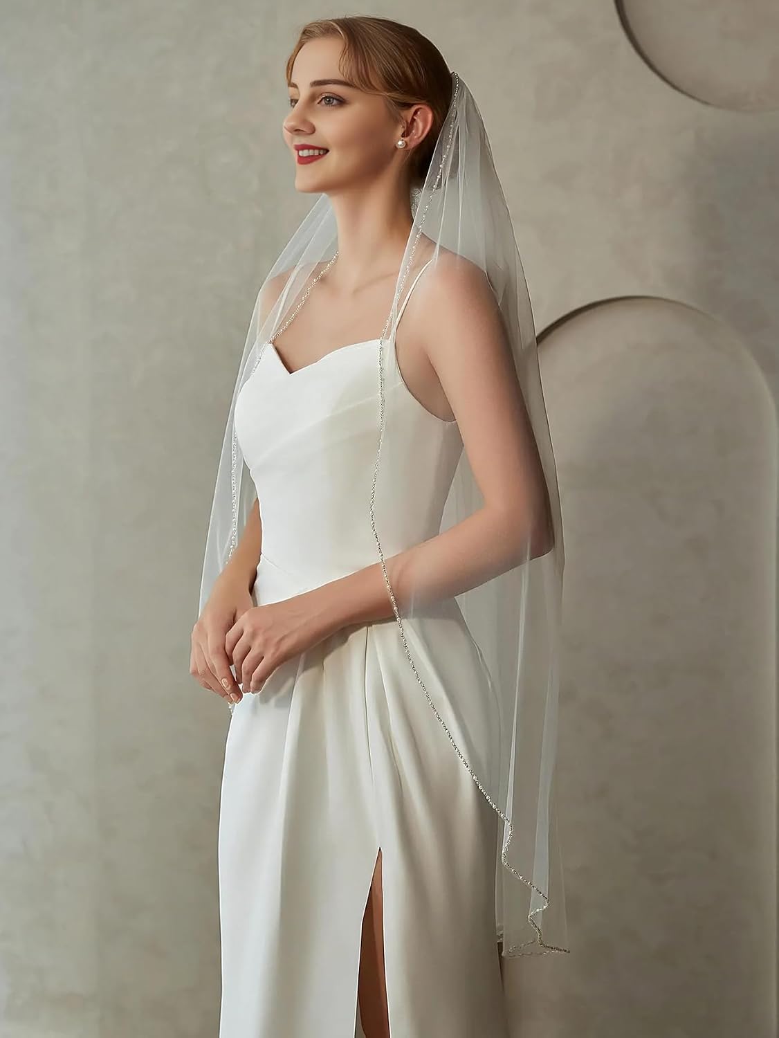 Pearls and Crystals Beaded Edge Fingertip Length Bridal Wedding Veil for Brides