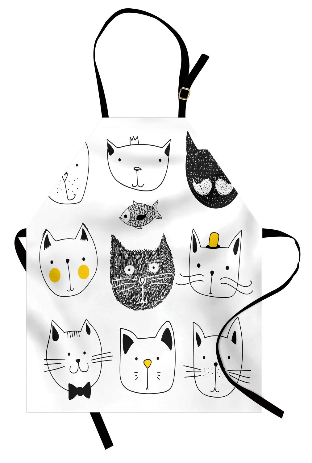 ABAKUHAUS Cat Kitchen Apron, Stylish Cats Soft Mustache Bowknot Hat Crown Fish Humor Faces Graphic, Washable Resists Fat Dirt Dust Lasting Colors, Yellow