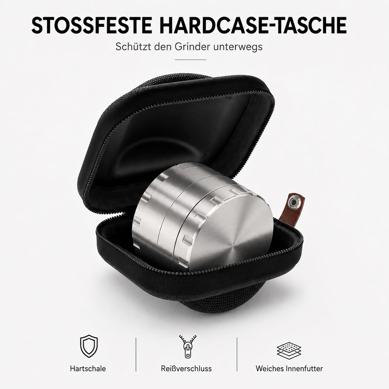 JCASE Edelstahl Grinder 63 mm, 4-teilig – massive Kräuter- & Gewürzmühle aus rostfreiem Stahl, 435 g, mit feinem Sieb, Magnetdeckel & Hardcase-Tasche