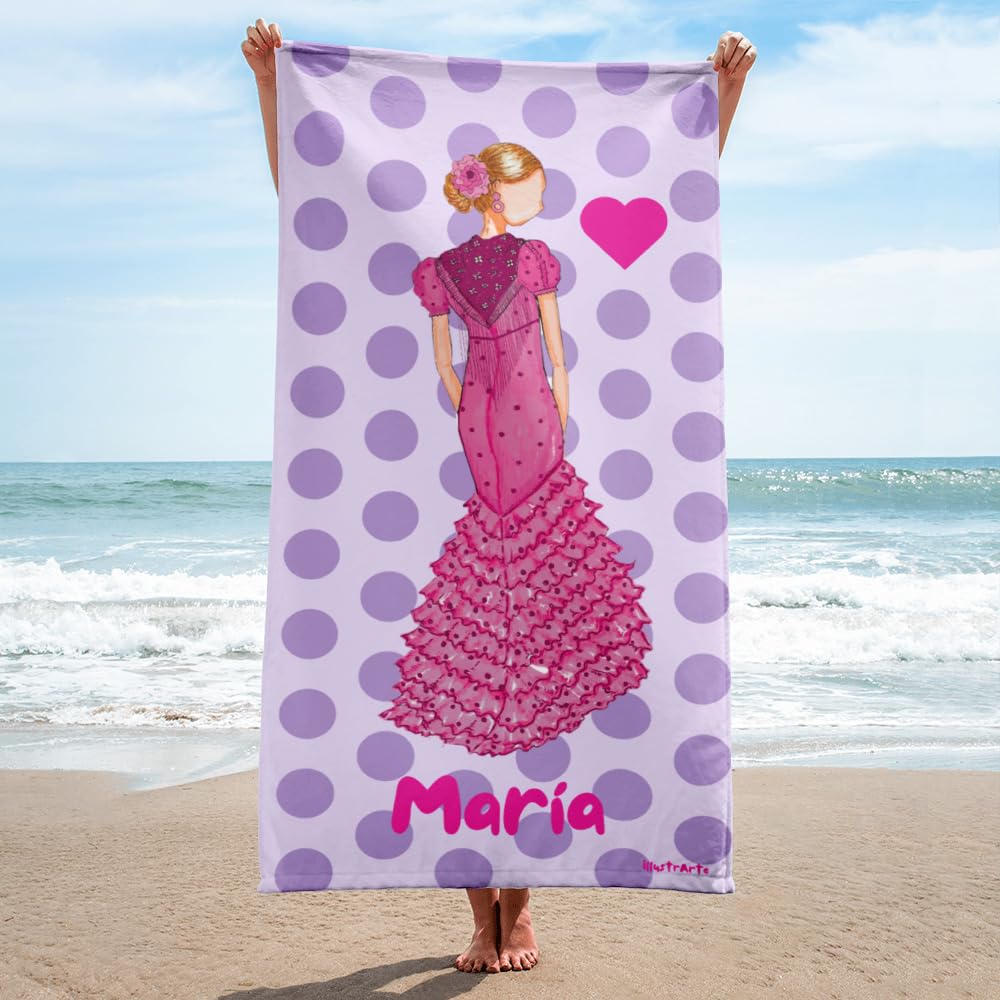 Serviette Personnalisée Flamenco 152x76 cm – Rose Châle Mauve | Serviette personnalisée flamenco avec prénom, grand format doux pour plage, piscine, danse ou cadeau.