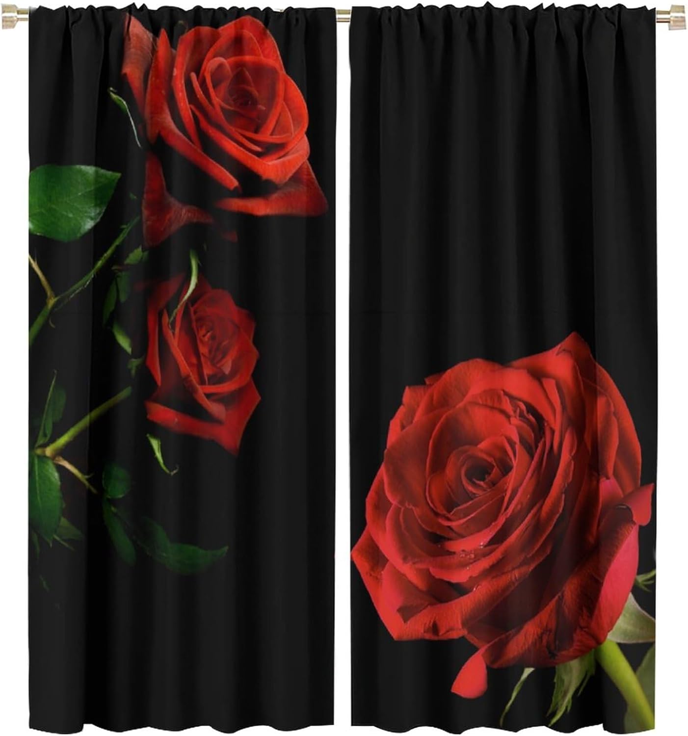 Red Rose Floral Curtains, Romantic Black Red Rose Flower Blackout Rod Pocket Window Treatments Drapes for Woman Bedroom Living Room Valentine's Day 63x63in