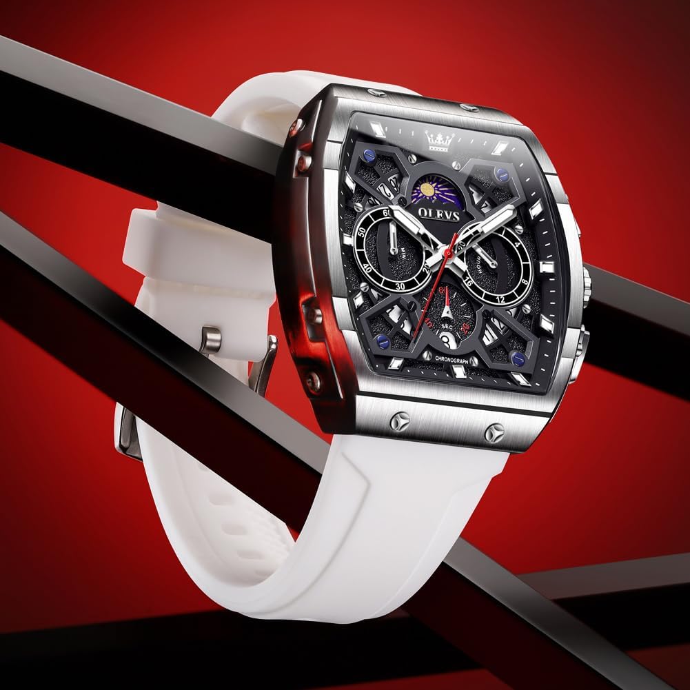 OLEVS Watches for Men Business Diamond Moon Phase Male Watch Chronograph Fashion Dress Waterproof Date Analog Quartz Waterproof SiliconeMen Wrist Watch