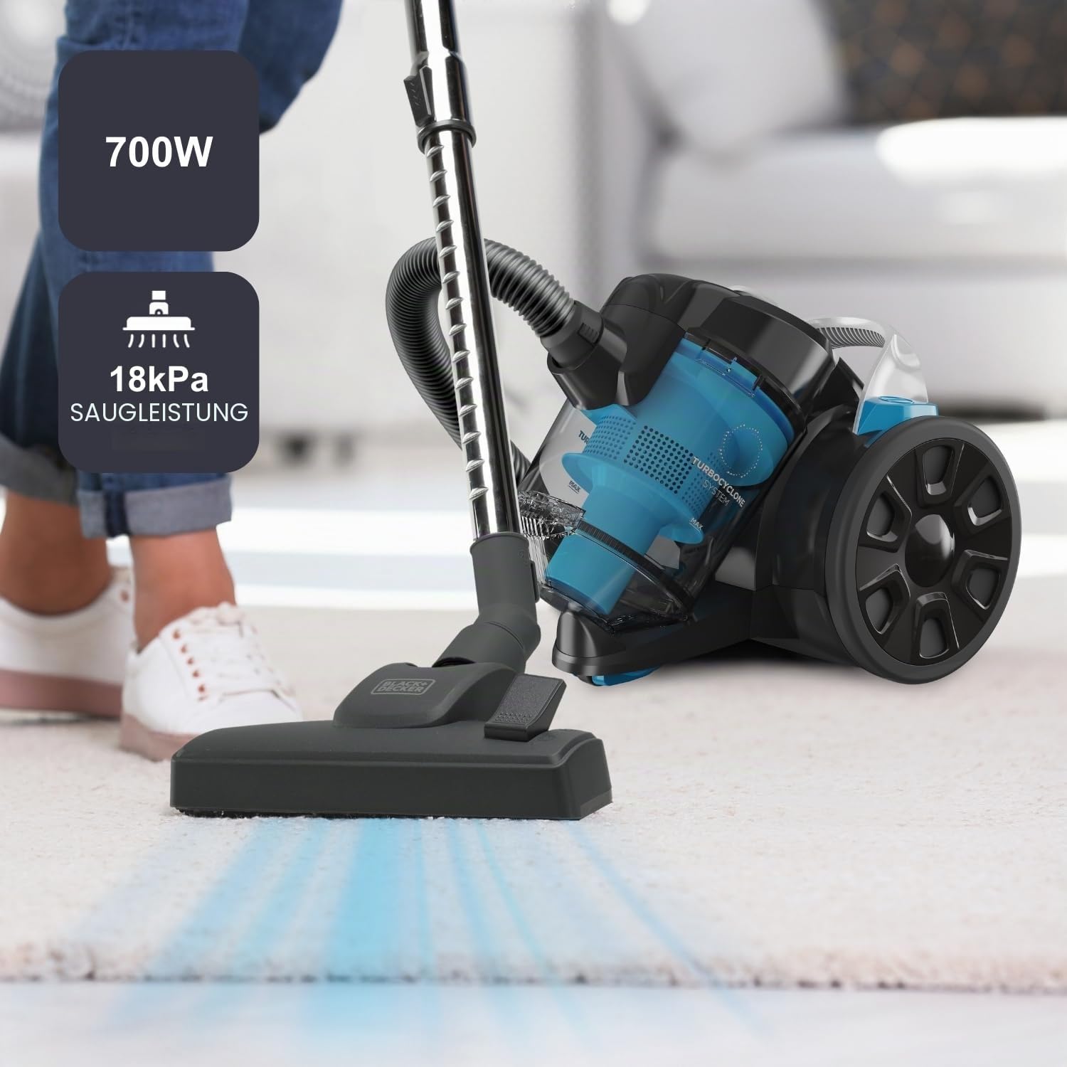 Black+Decker - Beutelloser Staubsauger BXVML701E | 700W | 18kPa | Zyklontechnologie | Waschbarer HEPA13-Filter | 2L Behälter | 8m Aktionsradius | All-Rounder-Bodendüse | Zubehör Inklusive