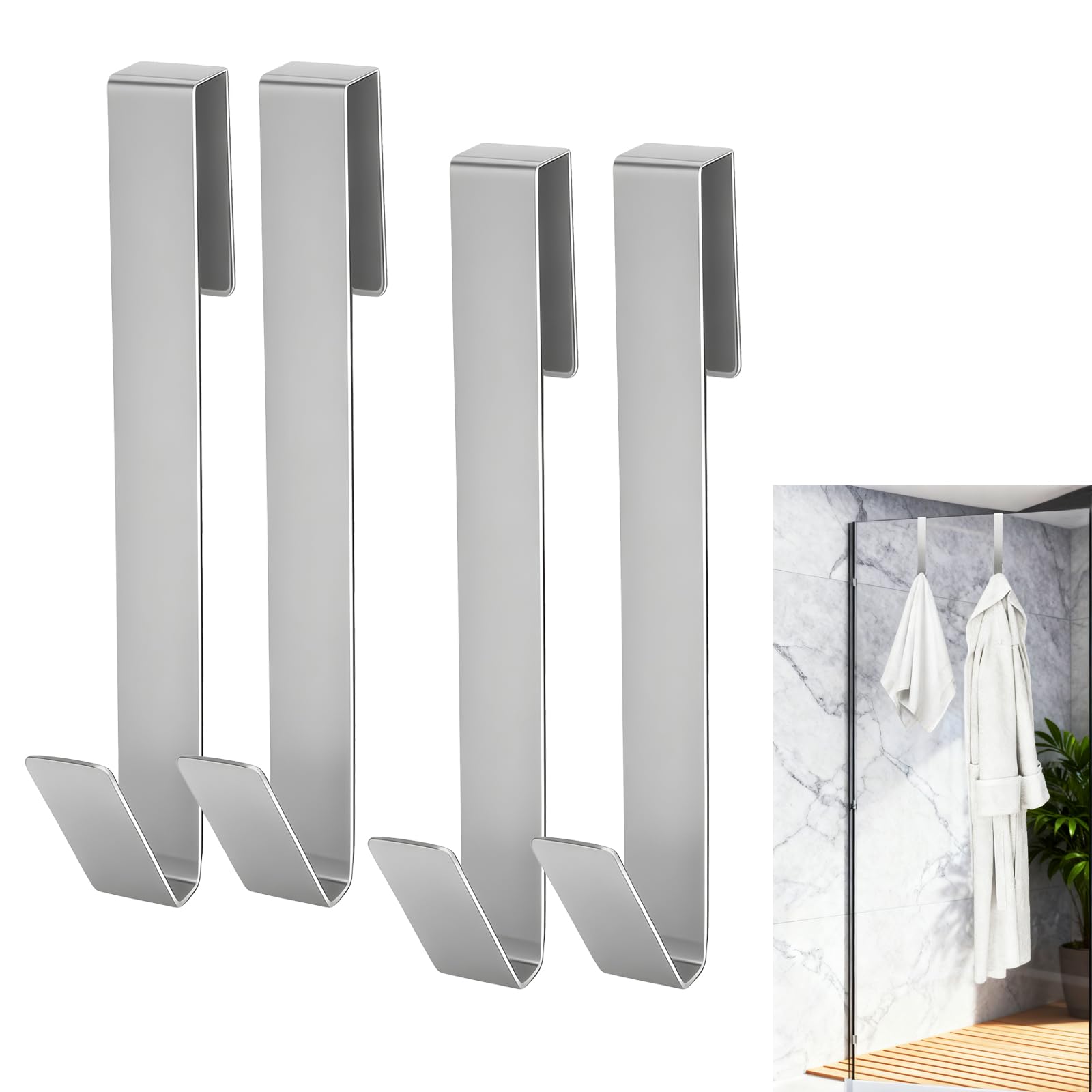 Ganchos de Ducha 4 Piezas en Acero Inoxidable - Porta Toallas para Vidrio sin Perforar, Antideslizante y Resistente, Fácil de Colgar para Baño, Ducha y Cocina para Vidrio hasta 13mm de Espesor