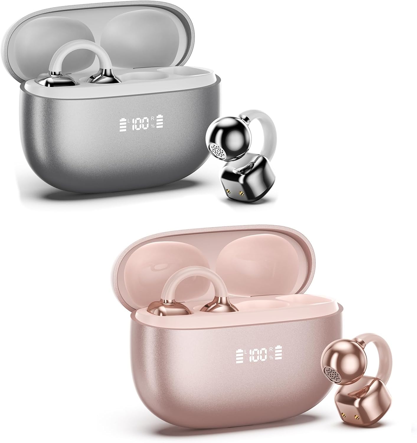 PAXA 2Pack Clipbuds7 Clip On Open Ear Earbuds Wireless Bluetooth 5.4 with LED Display, Auto L-R Ear Recognition&Touch Control, Ultra-Light 4.5g Fit Comfort for Fitness Daily Use, Silver&Rose Gold