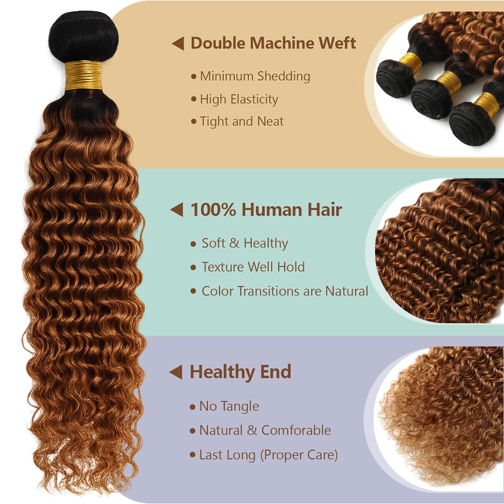 Ombre Deep Wave Bundles con cierre de pelo humano (35,6 cm, 40,6 cm, 45,7 cm, 45,7 cm, 30,5 cm, 30,5 cm, 30,5 cm, 30,5 cm, 30,5 cm, 30,5 cm, 30,5 cm, 30,5 cm, 30,5 cm)