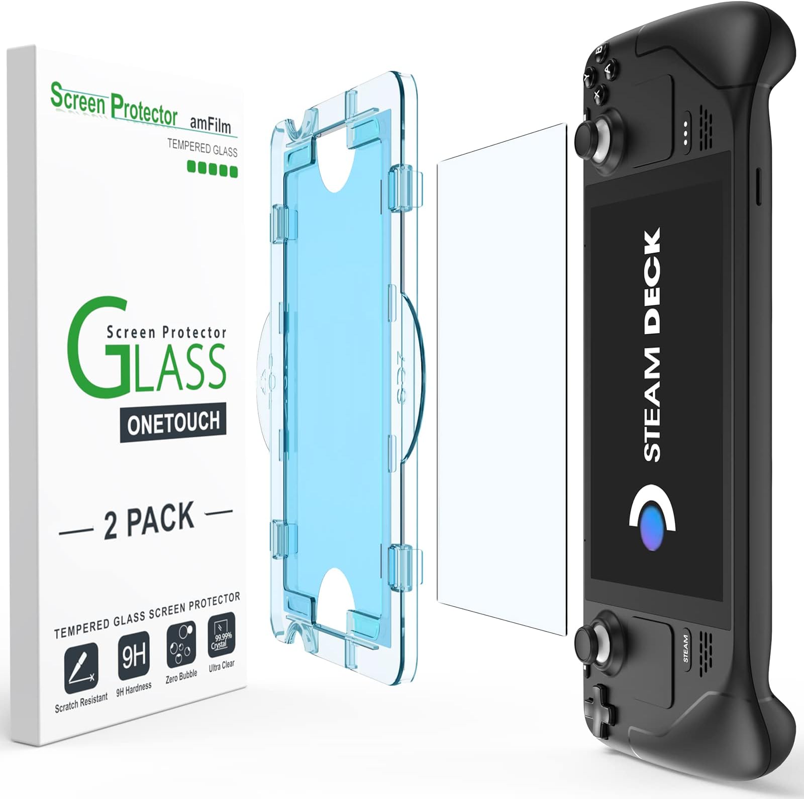 amFilm [2 Pack OneTouch Screen Protector Compatible with Steam Deck/Steam Deck OLED, Tempered Glass Designed for Steam Deck (7inch) 2021 & 2022 /Steam Deck OLED 2023 with Easy Installation Kit