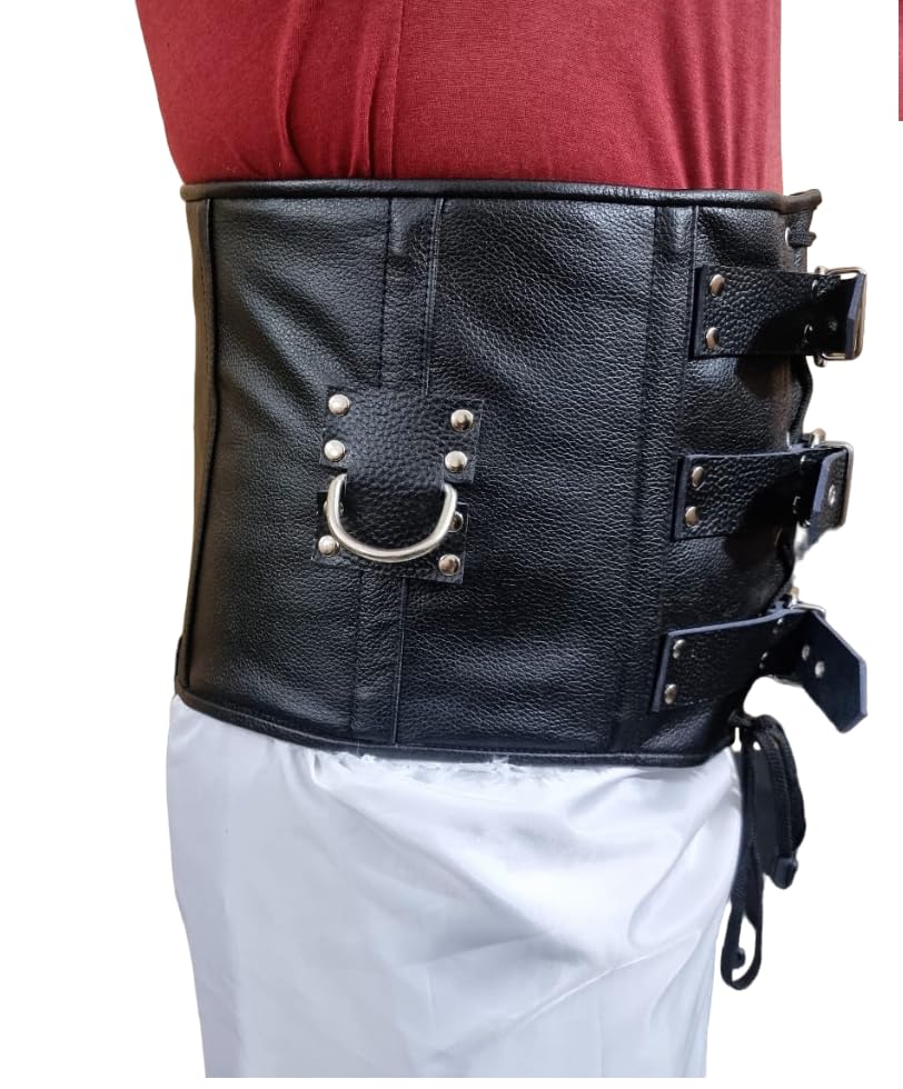Men’s Real Black Leather Corset Cincher – Heavy Duty Steel Boned Waist Trainer Belt with Buckles & D-Rings (MCOR1)2