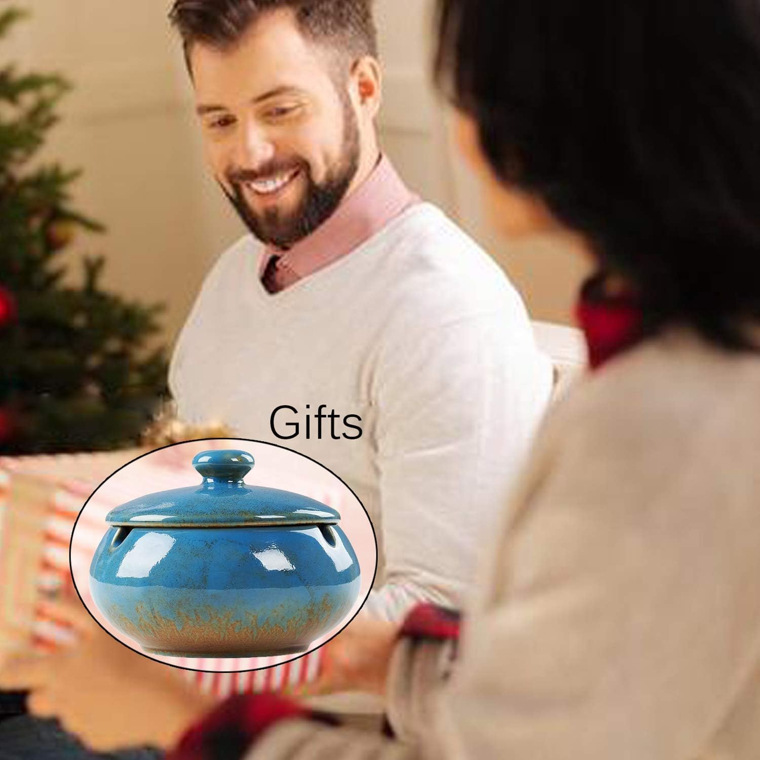 2 Pack Cigarettes Ashtrays with Lid Windproof for Indoor Outdoor, Ceramic Ashtray Built in 3 Cigar Holders,Smoking Ash Tray Decor Home, Desktop, Office,Table, Patio, Bar, KTV, Father/Men/Smokers Gifts