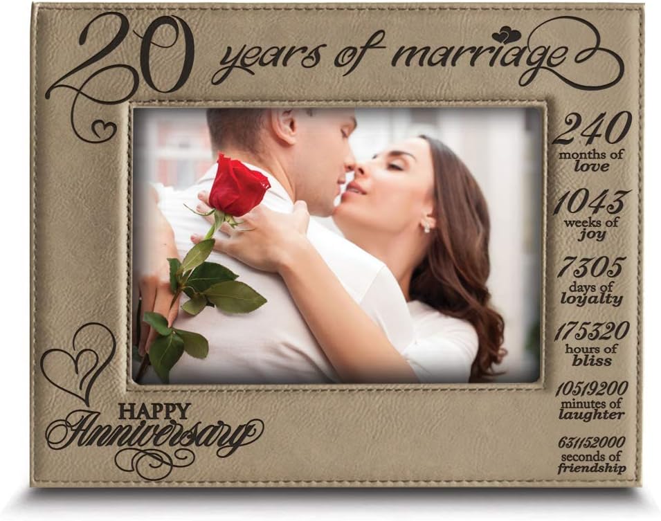 BELLA BUSTA-20 Years of Marriage-Months, Weeks, Days, Hours, Weeks, Minutes, Seconds-20th Anniversary- Engraved Leather Picture Frame (5 x 7 Vertical)