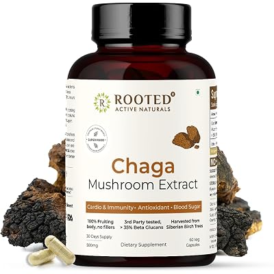 Rooted Active's Organic Chaga Capsules - Immune System Support Supplement, Antioxidant Activity Support, Regulate Body F