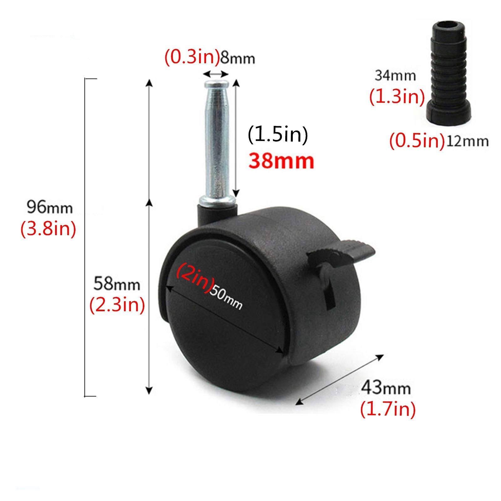 Kółka, Trzpień M8 2 cale 50 mm, do mebli, wózków, łóżeczek dziecięcych i krzesełek, długość trzpienia 38, udźwig 30 kg, 4 szt