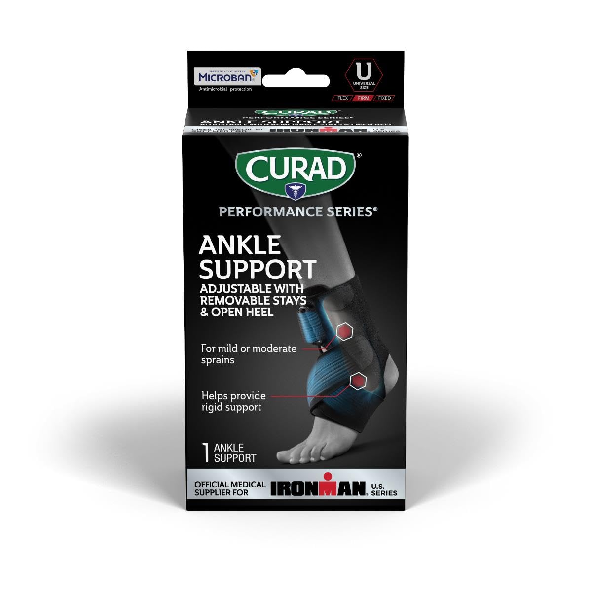 CURAD Performance Series Ankle Support, Adjustable with Removable Stays, Universal Fit for Mild or Moderate Sprains