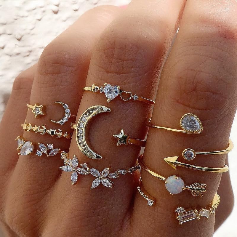 Boho Retro Stackable Rings Sets for Women Knuckle Joint Finger Knuckle Nail Ring Sets Moon Stars Stack Preppy Statement Rings Cute Trendy Stuff Jewelry