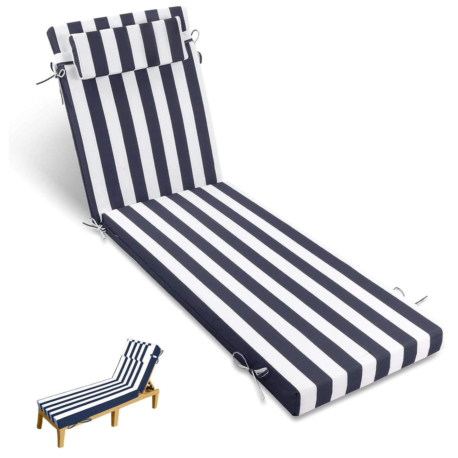BNXCGDIQP Outdoor Chaise Lounge Cushion Anti-Fading Patio Recliner Chairs Cushions with Ties, Waterproof Lounge Chair Cushion for Garden Lawn Pool Resort,1PCS, Gray white stripes