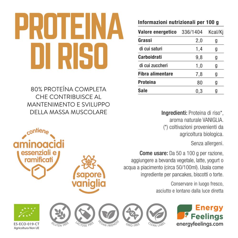 F Energy Feelings Proteine di Riso al Gusto di Vaniglia in Polvere BIO 1 Kg | 80% Proteine Vegetali | Proteine Vegane Massa Muscolare e Dimagrire | Senza Zuccheri Aggiunti, Lattosio né Glutine