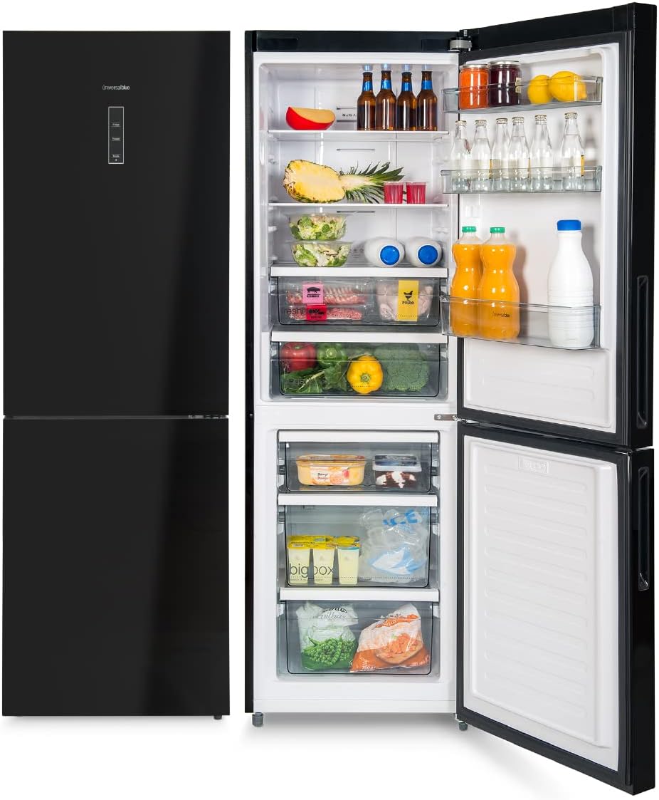 UNIVERSALBLUE Frigorifero Combi 185 cm - Vetro Nero | Sistema No Frost | Congelatore | Silenzioso | Capacità totale 320 L | Spedizione + Carica + Rimozione Gratuita [Classe di efficienza energetica A+]