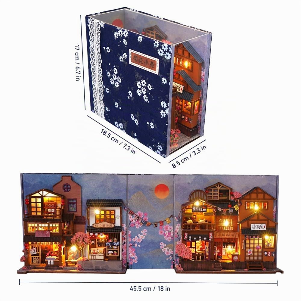 Kit per libri fai da te, puzzle 3D in legno, casa con luci a LED e mobili, casa delle bambole in miniatura, kit per modellini da costruire (vicolo di ciliegio)