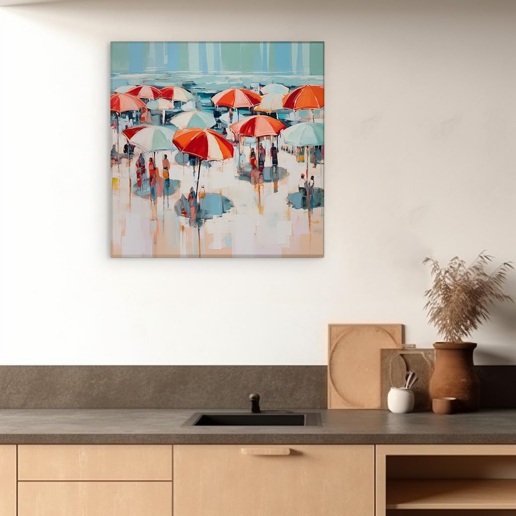 Canvas for Living room. Vibrant Shorelines and Colorful Canopies: A Lively Beach Day Captured in Abstract Art, 27 x 18 inch Canvas Wall Art - Contemporary Masterpieces - Modern Home Decor