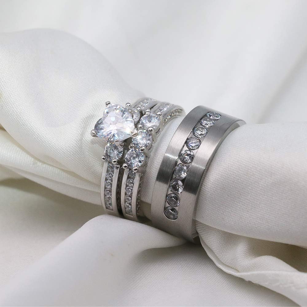 TWO RINGS Wedding Ring Sets His And Hers Promise Ring Couples Bridal Sets Women 925 Sterling Silver Red Heart Moissanite Man Titanium Wedding Bands