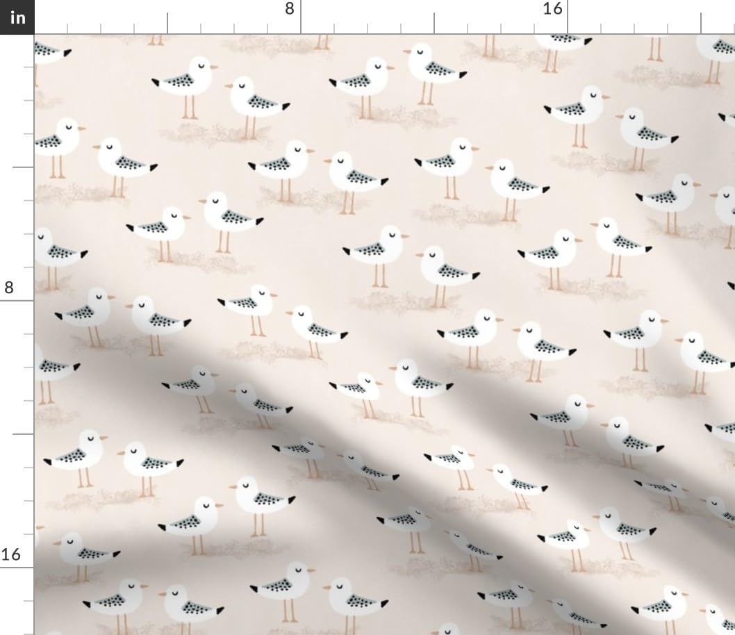 Spoonflower Fabric - Coastal Seagull Whimsical Bird Cute Animal Beige Sand Summer Beach Printed on Petal Cotton Fabric by The Yard - Sewing Quilting Apparel Crafts Decor