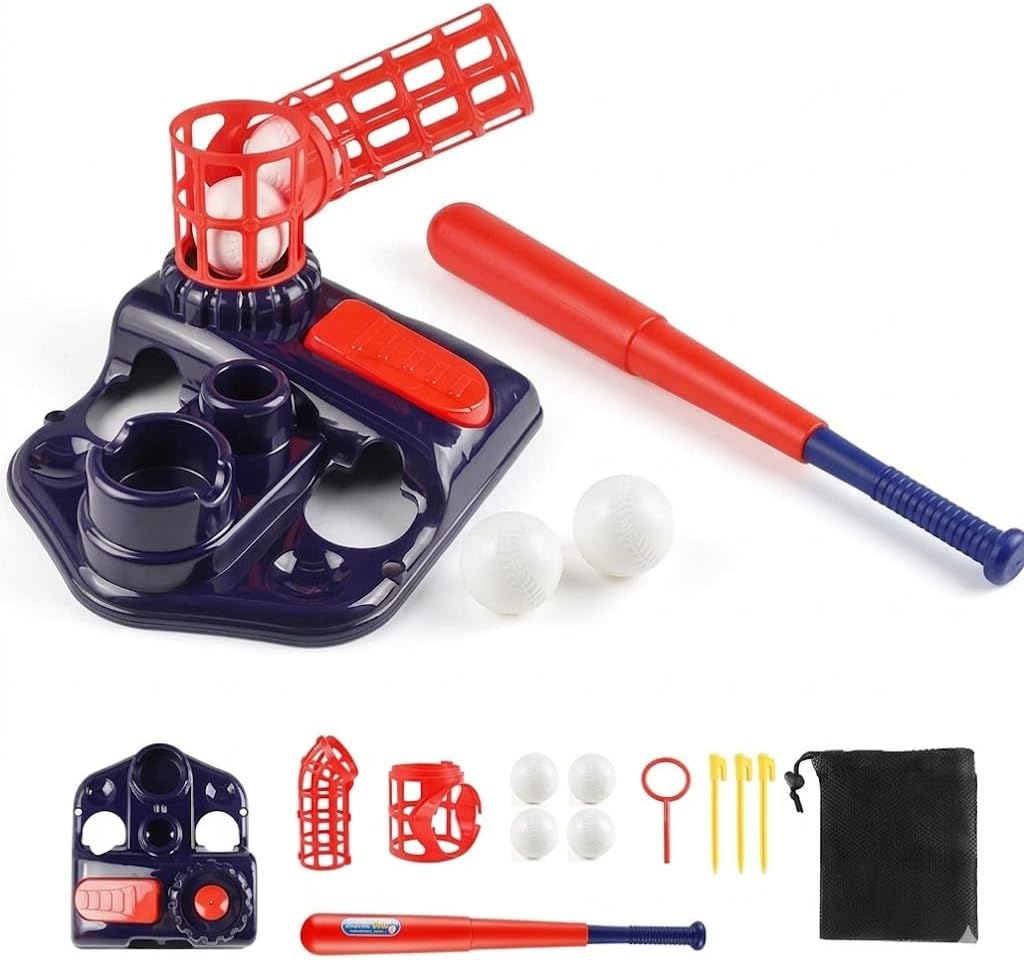 Kids Baseball Pitching Machine, Stomp-Activated Launcher Toy Set with Bat and Soft Balls, No Batteries Needed, Outdoor Sports Toys & Backyard Games for Boys Girls Ages 3-8, Birthday Gift