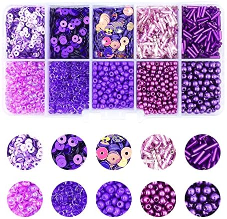 LEEFONE 1 Box of Mixed Craft Beads Including Glass Bugle Seed Beads Pearl Beads Semi-Cupped Sequins Beads for DIY Arts Crafts Sewing Embroidery Clothing Jewelry Making (Purple, Assorted Size)