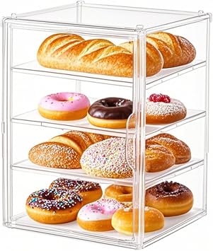 QISHENG - Large Capacity Bread Box Pastry Display Case - Fully Transparent 4-Tier Stackable Storage Box, Acrylic for Kitchen Counter, Dustproof Display Cabinet for Bakery & Dessert Shop