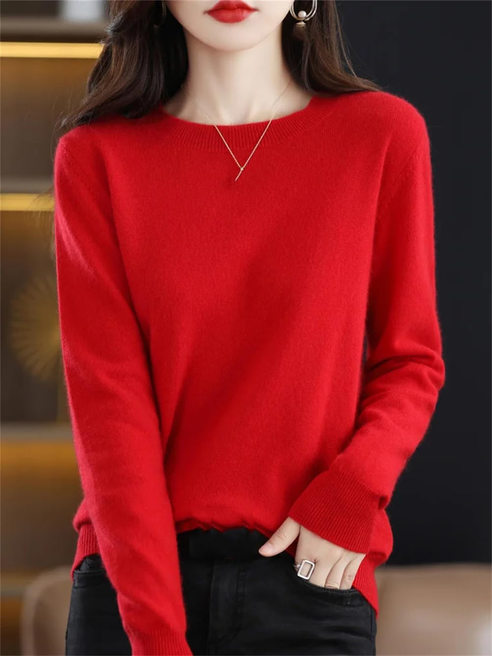 Maglione da donna in 100% lana merino, tinta unita, a girocollo, a maniche lunghe, morbido