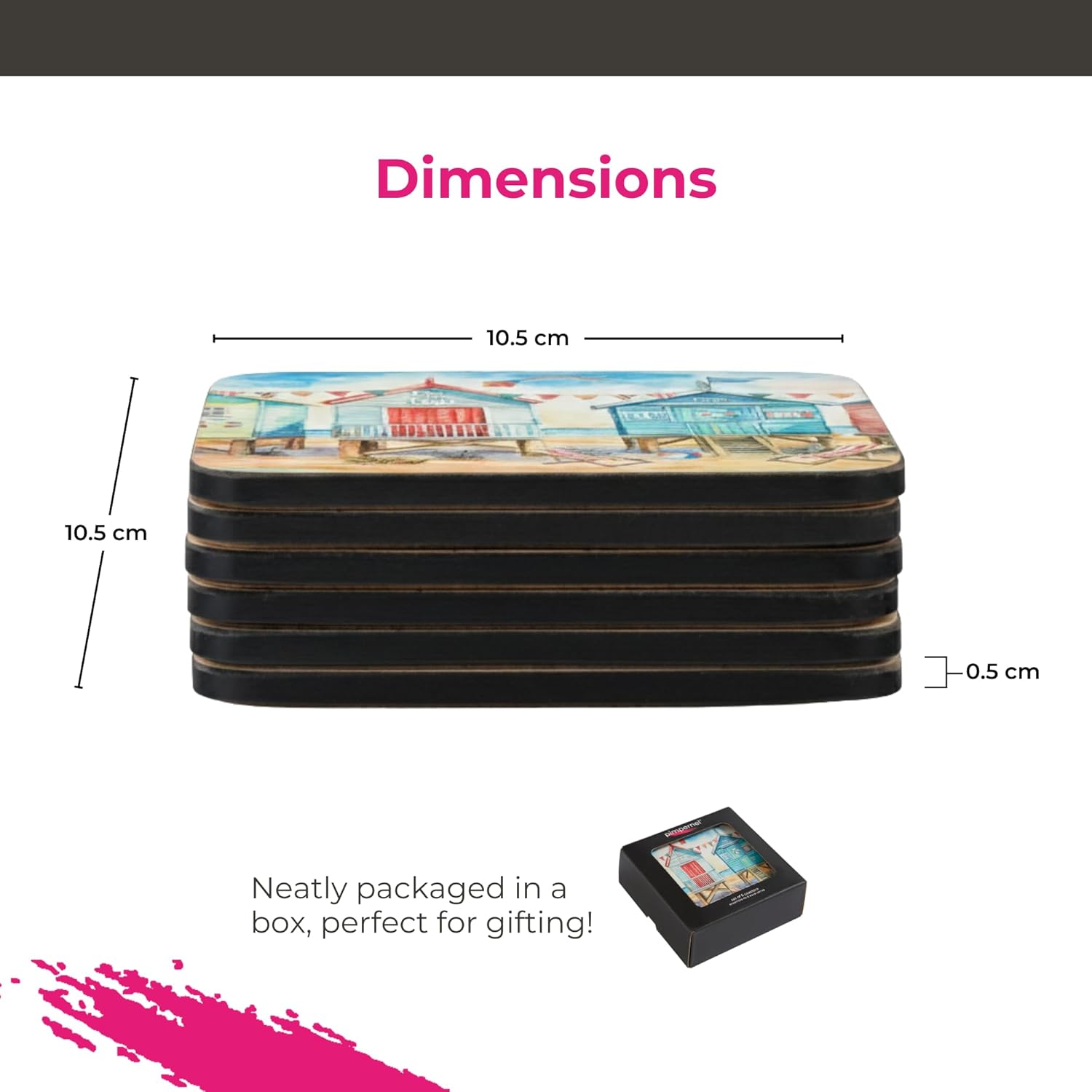 Pimpernel Beach Huts Coasters, Set of 6, Heat & Stain Resistant, Durable Drink Coasters & Table Protection for Home, Kitchen, Dining, Coffee Table & Everyday Entertaining